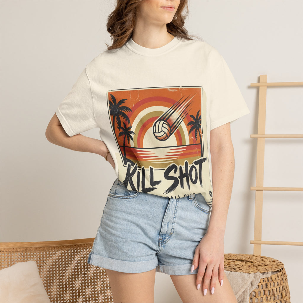 Kill Shot Volleyball Club T-Shirt | Retro Sunset Beach Volleyball Tee