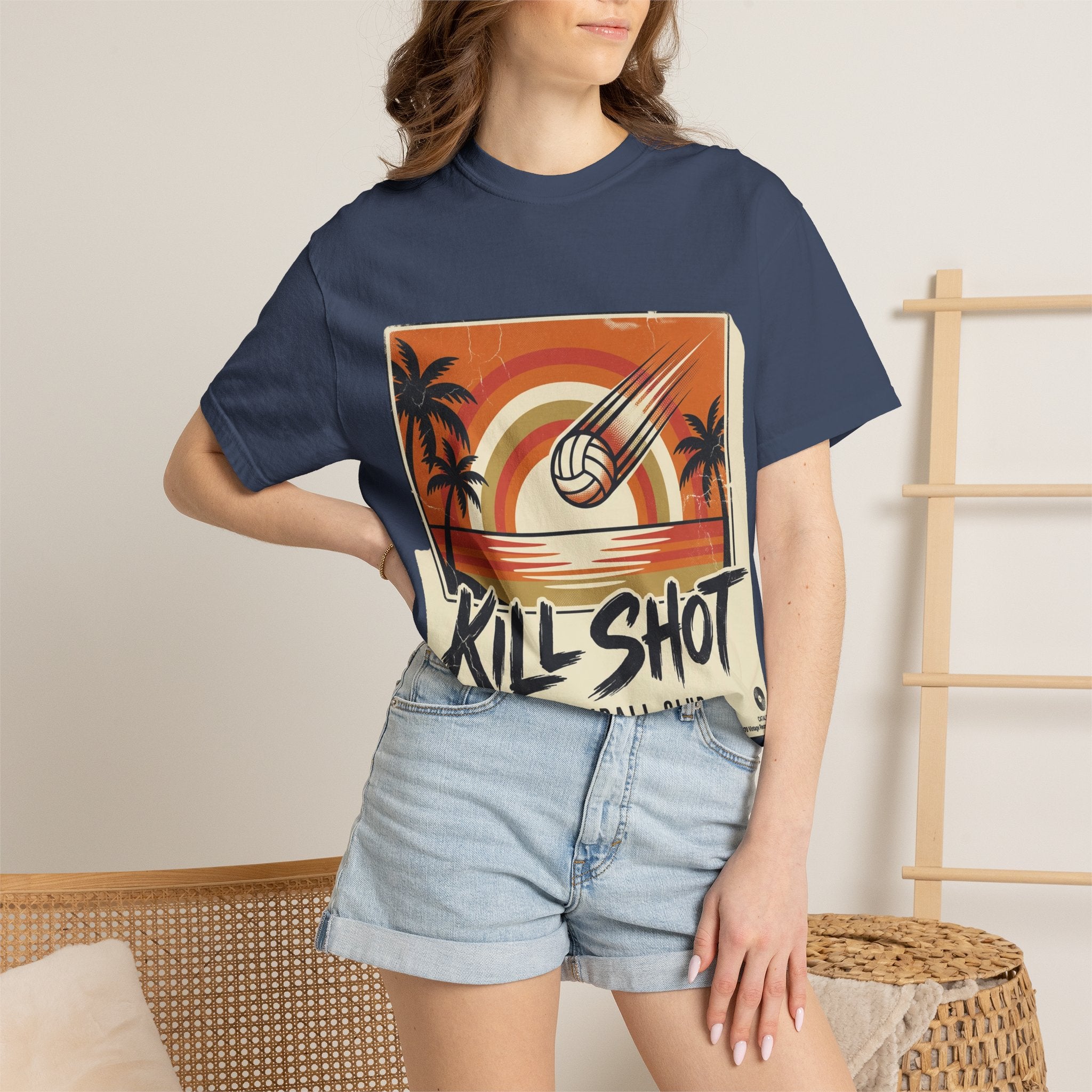 Kill Shot Volleyball Club T-Shirt | Retro Sunset Beach Volleyball Tee