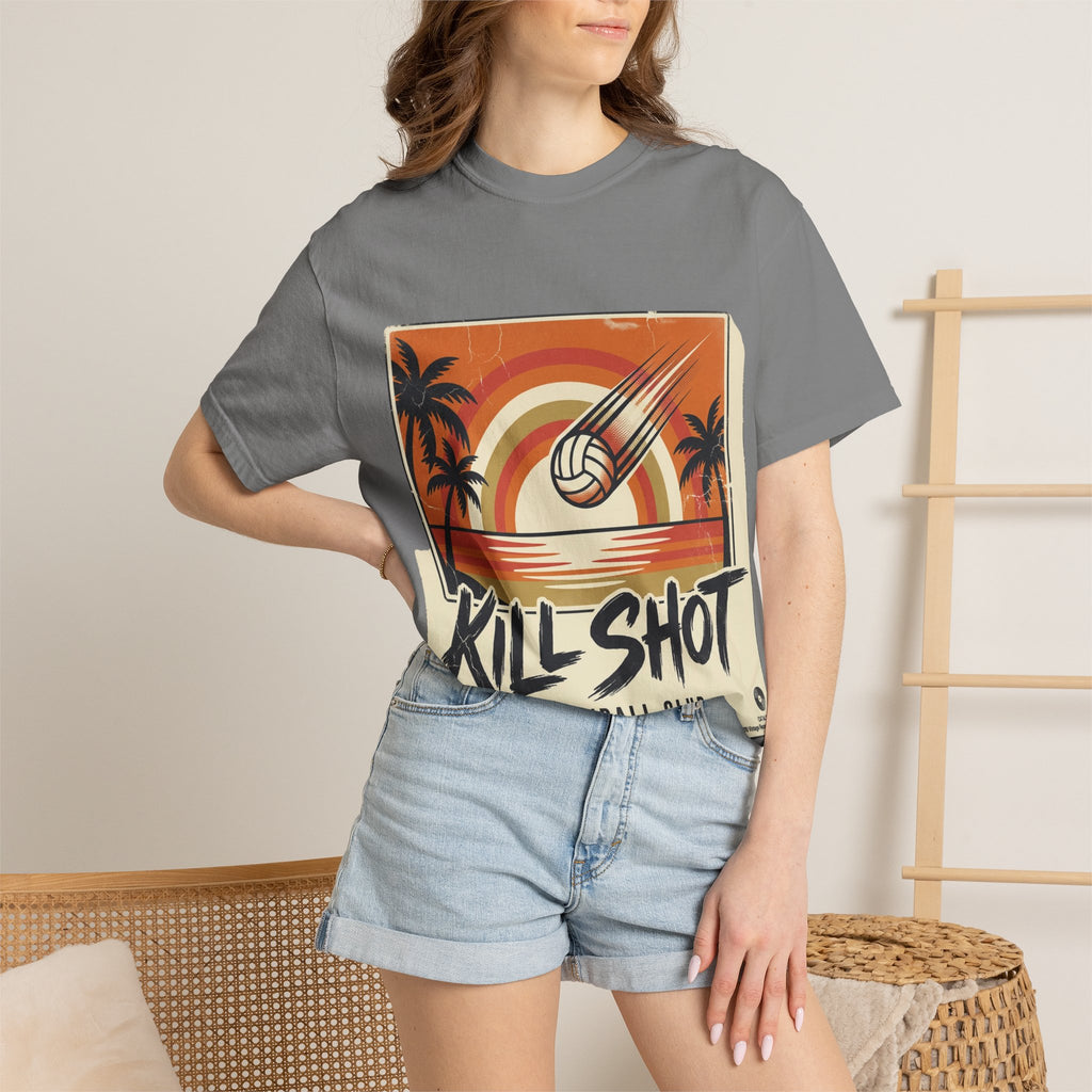 Kill Shot Volleyball Club T-Shirt | Retro Sunset Beach Volleyball Tee