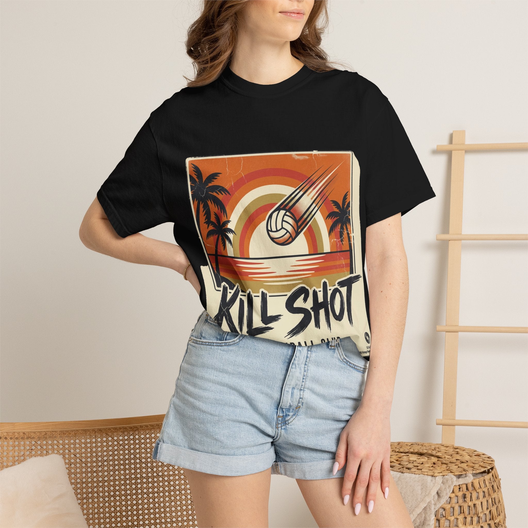 Kill Shot Volleyball Club T-Shirt | Retro Sunset Beach Volleyball Tee