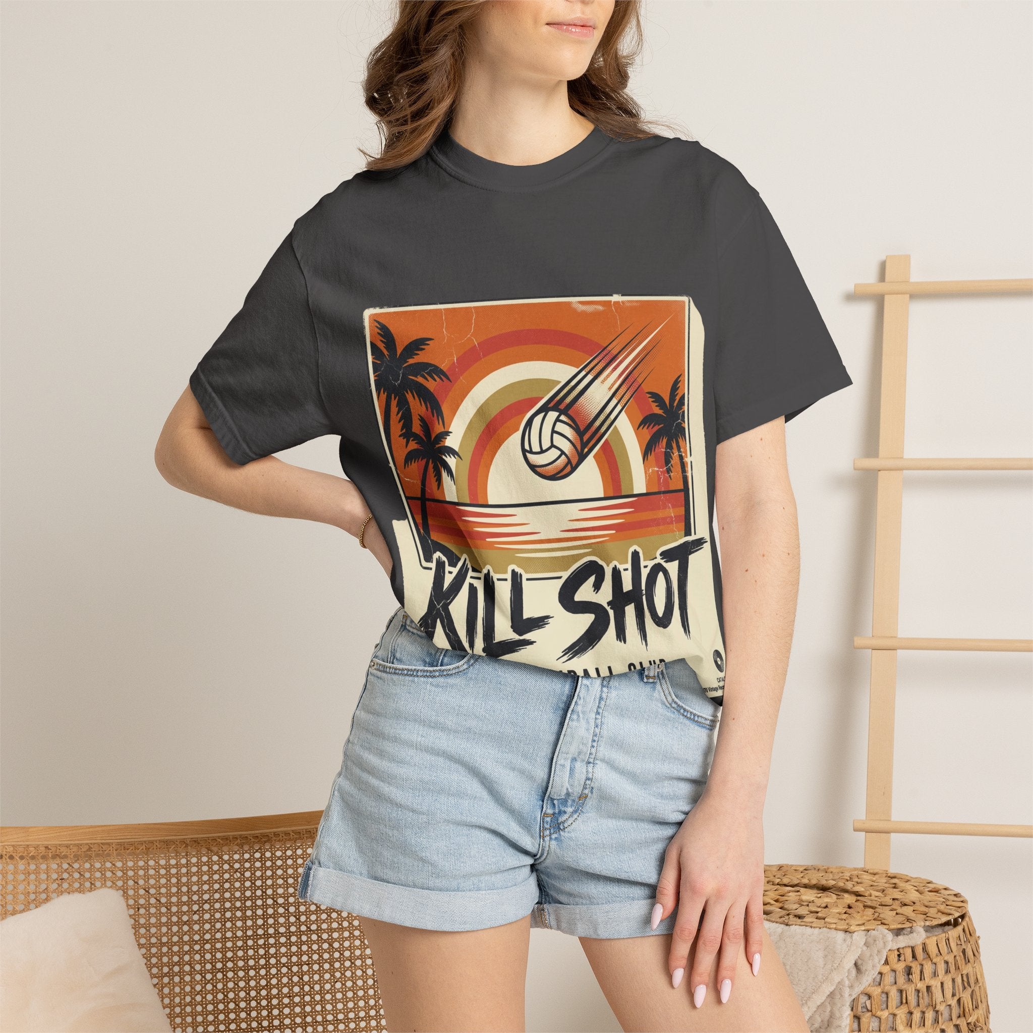 Kill Shot Volleyball Club T-Shirt | Retro Sunset Beach Volleyball Tee