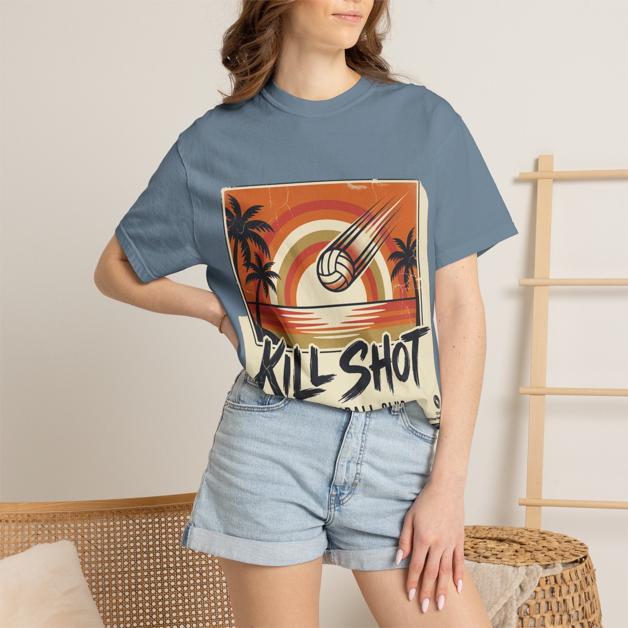 Kill Shot Volleyball Club T-Shirt | Retro Sunset Beach Volleyball Tee