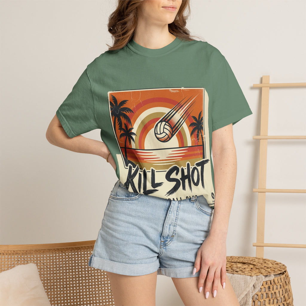 Kill Shot Volleyball Club T-Shirt | Retro Sunset Beach Volleyball Tee